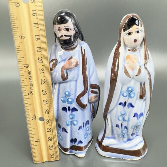 Vintage Mexican Pottery Hand Painted Blue Tonala Nativity Figurine Mary Joseph - Picture 2 of 6